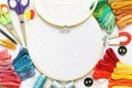 Embroidery set with threads and needle, button, scissors and fabric on frame Royalty Free Stock Photo