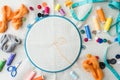 Embroidery set. White linen fabric, embroidery hoop, colorful threads and needls. Copy space Royalty Free Stock Photo