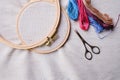 Embroidery set. White linen fabric, embroidery hoop, colorful threads and needls. Royalty Free Stock Photo