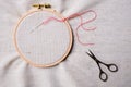 Embroidery set. White linen fabric, embroidery hoop, colorful threads and needls. Royalty Free Stock Photo