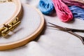 Embroidery set. White linen fabric, embroidery hoop, colorful threads and needls. Royalty Free Stock Photo