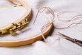 Embroidery set. White linen fabric, embroidery hoop, colorful threads and needls. Royalty Free Stock Photo