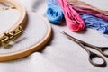 Embroidery set. White linen fabric, embroidery hoop, colorful threads and needls. Royalty Free Stock Photo