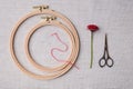 Embroidery set. White linen fabric, embroidery hoop, threads and needls and scissors. Royalty Free Stock Photo
