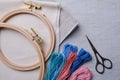 Embroidery set. White linen fabric, embroidery hoop, threads and needls and scissors. Royalty Free Stock Photo