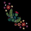 Embroidery simplified neckline pattern with cactus and flowers.