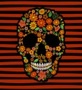 Embroidery skull face orange flower texture mexican patch. Textile print embroidered stitch. Dia de los Muertos Day of