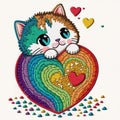 Embroidery smiling happy kitten with colorful love hearts. Tapestry vector background illustration with beautiful cute little cat