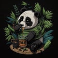 Embroidery smiling happy panda who eats honey with appetite. Colorful tapestry vector background illustration wit black and white