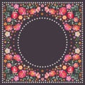 Embroidery square pattern for shawl or scarf with beautiful flowers. Design for bandana print, kerchief