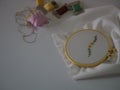 Embroidery stick flower pattern on Fabric handmade DIY sewing accessories have canvas wood hoop and thread put on white background