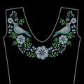 Embroidery stitches with dove bird, indigo wild flowers for neck