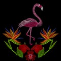 Embroidery stitches with flamingo bird with hibiscus flowers. Vector fashion ornament on black background for textile, fabric