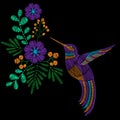 Embroidery stitches with hummingbird, wild flowers. Vector fashion ornament in pastel color for textile, fabric traditional folk