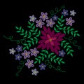 Embroidery stitches imitation with colorful flower and green lea