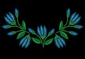 Embroidery stitches imitation folk blue flower with green leaf