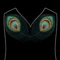 Embroidery stitches with peacock feathers, spring color. Neckline for fabric, textile floral print. Fashion design for girl