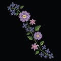 Embroidery stitches with primarose primula vulgaris and lilac fl