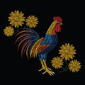 Embroidery stitches with rooster and sunflowers in pastel color.