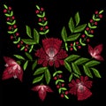 Embroidery stitches with spring rose flowers. Vector fashion ornament on black background for textile, fabric traditional folk fl