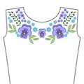 Embroidery stitches with spring violet flowers, indigo forget me