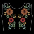 Embroidery stitches with spring wild flowers for neckline. Vector fashion ornament on black background for textile, fabric