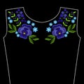 Embroidery stitches with violet flowers for neckline. Vector fashion ornament on black background for textile, fabric traditional