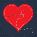 Embroidery stylization with stitches. A vector illustration of stitched heart, needle with thread. Background for Valentines day,