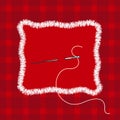 Embroidery stylization with stitches. A vector illustration of stitched tartan cloth piece and needle with thread.