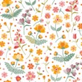 Embroidery summer meadow. Seamless ditsy floral pattern with beautiful embroidered flowers and leaves on white background