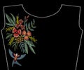 Embroidery swallow with flowers, berries, plants. Patch for fashion neckline, pattern for apparel decoration.