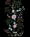 Embroidery texture flower seamless border. Floral fashion decoration textile fabric ornament. Small herb field daisy