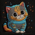 Embroidery textured colorful cute kitten with big eyes. Bright tapestry sitting little cat. Embroidered vector background