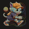 Embroidery textured playing kitten with colorful ball. Bright tapestry smiling little cute cat. Embroidered vector sports