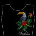 Embroidery toucan with tropical flowers, fashion word, vector illustration for girls