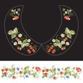 Embroidery traditional neck pattern for collar with strawberries and flower