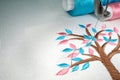 Embroidery tree cartoon style on white cotton fabric Royalty Free Stock Photo