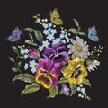 Embroidery trend floral bouquet with pansies, chamomiles and for