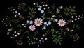 Embroidery trend floral pattern small branches herb daisy with little blue violet flower. Ornate traditional folk