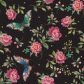 Embroidery trend floral seamless pattern with roses and butterfl