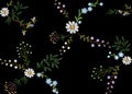 Embroidery trend floral seamless pattern small branches herb leaf with little blue violet flower daisy chamomile. Ornate