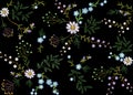 Embroidery trend floral seamless pattern small branches herb leaf with little blue violet flower daisy chamomile. Ornate