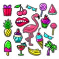 Embroidery tropical fashion patches. Patch set with sweet food, palm and flamingos