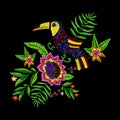 Embroidery tropical pattern with exotic flowers and toucan.