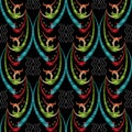 Embroidery vector seamless pattern. Colorful tapestry hand drawn