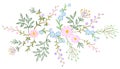 Embroidery white lace floral pattern small branches wild herb with little blue violet field flower. Ornate traditional