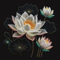 Embroidery white lotus flowers, leaves on black background. Tapestry floral decorative vector wallpaper illustration with