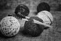 Embroidery wool balls and knitting needles Royalty Free Stock Photo