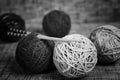 Embroidery wool balls and knitting needles Royalty Free Stock Photo