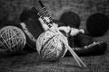 Embroidery wool balls and knitting needles Royalty Free Stock Photo